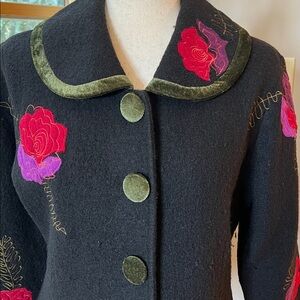 Carson Floral Embroidered Black 100% Wool Pleated Lined Jacket with Velvet Trim